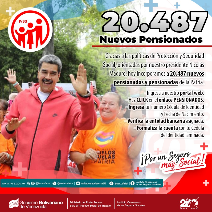 Somosivss's tweet photo. Más de 20 mil pensionadas y pensionados fueron incluidos en el IVSS, gracias a las políticas sociales implementadas por el presidente Nicolás Maduro y la presidenta de la institución, Dra. Magaly Gutiérrez.

#PuebloVictorioso 
@NicolasMaduro 
@MagaGutierrezV 
@delcyrodriguezv https://t.co/vfm77QkvM9