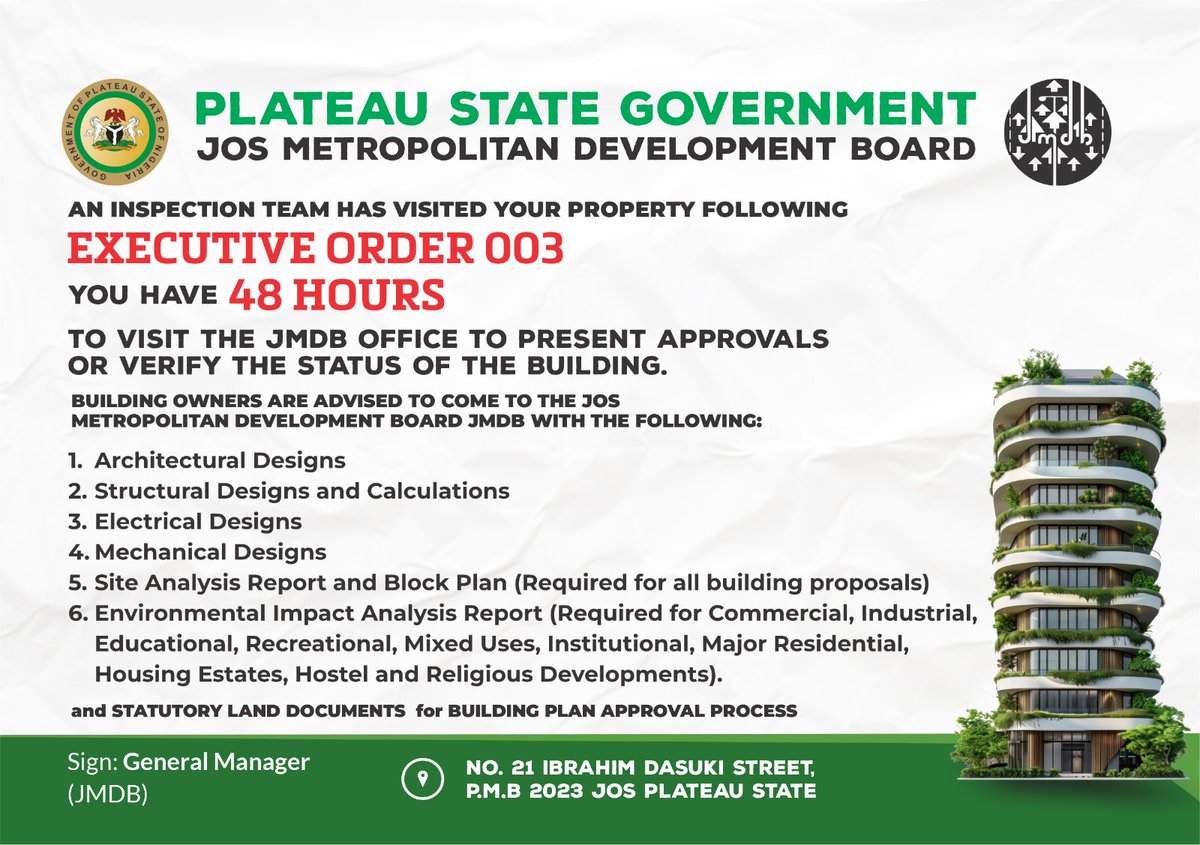 JMDBofficial's tweet photo. If an inspection team has visited your property following Executive Order 003, you have 48 hours to visit the JMDB office to present or verify the status of your building/structure. This is your chance to ensure everything is in perfect order and avoid any potential issues!

1/5 https://t.co/TEXPjYJT5I