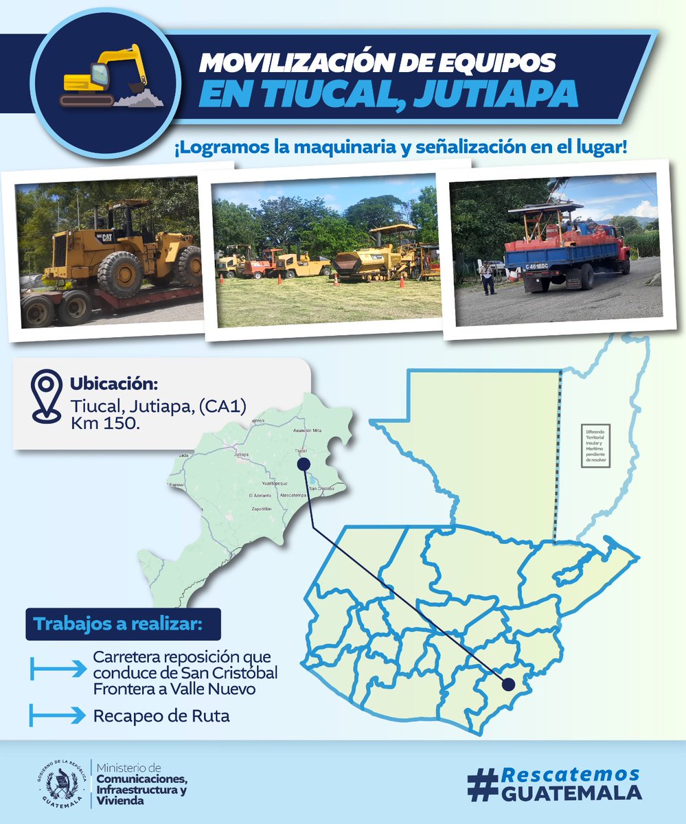 CIV_Guatemala's tweet image. ¡Equipos en marcha en Tiucal, Jutiapa!
Hemos logrado movilizar la maquinaria y próximamente señalizaremos y haremos lo necesario para la reposición de la carretera y el recapeo de ruta en el km 150, CA1. ¡#RescatemosGuatemala 🇬🇹 con infraestructura de calidad! 
#IngenieríaVial🚧