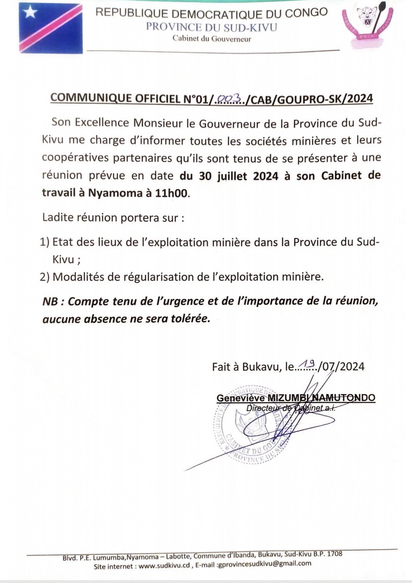 SCBGouvernance's tweet image. #SudKivu, le 19.07.2024. #EXPLOITATION_MINIÈRE. #COMMUNIQUÉ_OFFICIEL

@fatshi13 @SuminwaJudith @MinMinesRDC @PurusiJean @JJ_Elakano @Tresor_Mutiki @PatrickMuyaya @Com_mediasRDC @TinaSalama2 @Presidence_RDC @central_sage @kakese_leon @leParrainRDC @PrimatureRDC @GouvSudkivu