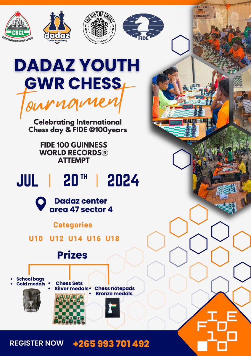 Susan_GOC's tweet image. Tomorow is a big day ..World chess day @FIDE_chess 100 years celebrations. @dadazchess kids in Lilongwe ,Malawi will celebrate by playing chess whole day using chess sets distributed by @thegiftofchess
#fideworldrecord