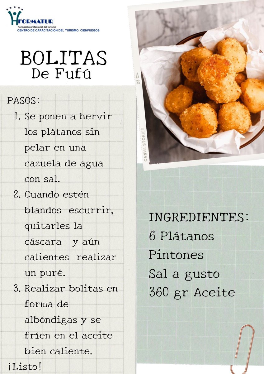 CCTcfgos's tweet photo. Desde nuestro Departamento Técnico te dejamos en nuestro feed la receta para unas exquisitas Bolitas de Fufú. Un plato que puede estar presente no sólo en nuestros hogares, sino también como ofertas en los servicios Gastronómicos 👇🏼🧑🏼‍🍳. 

#FormaturCienfuegos #formatur #Cienfuegos https://t.co/RlhsrAvmdi