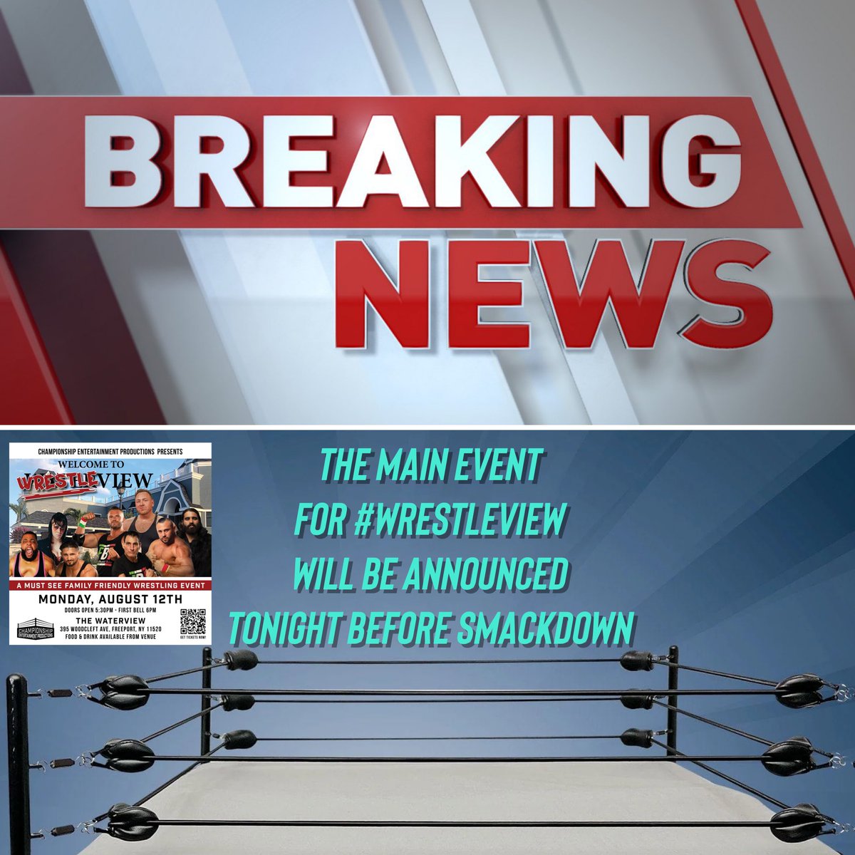 CEPprowrestling's tweet photo. The Main Event for #Wrestleview on August 12 will be announced before 8pm this evening! Stay tuned! https://t.co/vq6csyjR4o