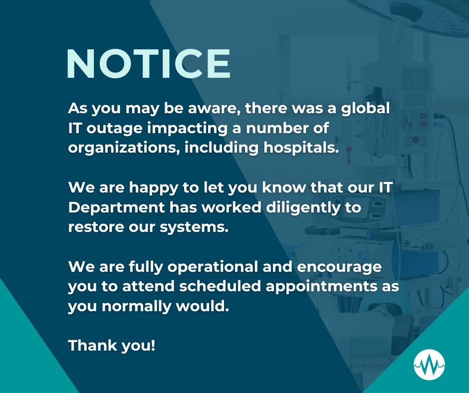 WdskHospital's tweet photo. As you may know, a CrowdStrike issue caused a global IT outage affecting many, including hospitals. This was not a cybersecurity event. Our IT team has restored our systems, and we are fully operational. Please attend your appointments as usual. #Healthcare #ITUpdate https://t.co/tY3SvJ9Bll