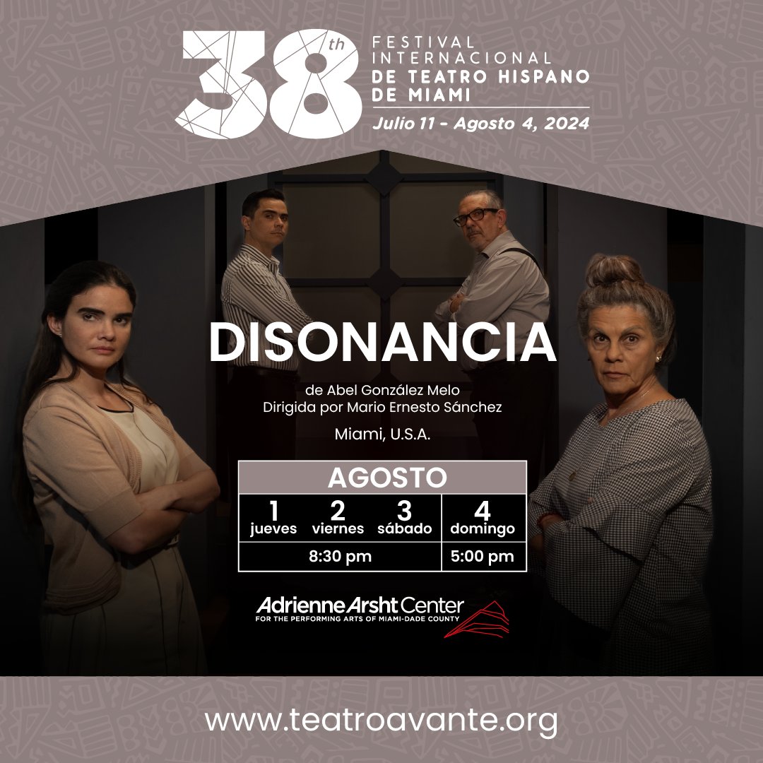 IhtfM's tweet photo. USA
DISONANCIA
Transcurre entre dos épocas y espacios, y tiene como tema central la huella que las dictaduras, a menudo surgidas bajo la apariencia de revoluciones democráticas, imprimen en las sociedades y en los seres humanos. En español con supertítulos en inglés
@ArschtCenter
Carnival Studio Theater
1300 Biscayne Boulevard, Miami 🎟️https://t.co/qcsDBaOz1t