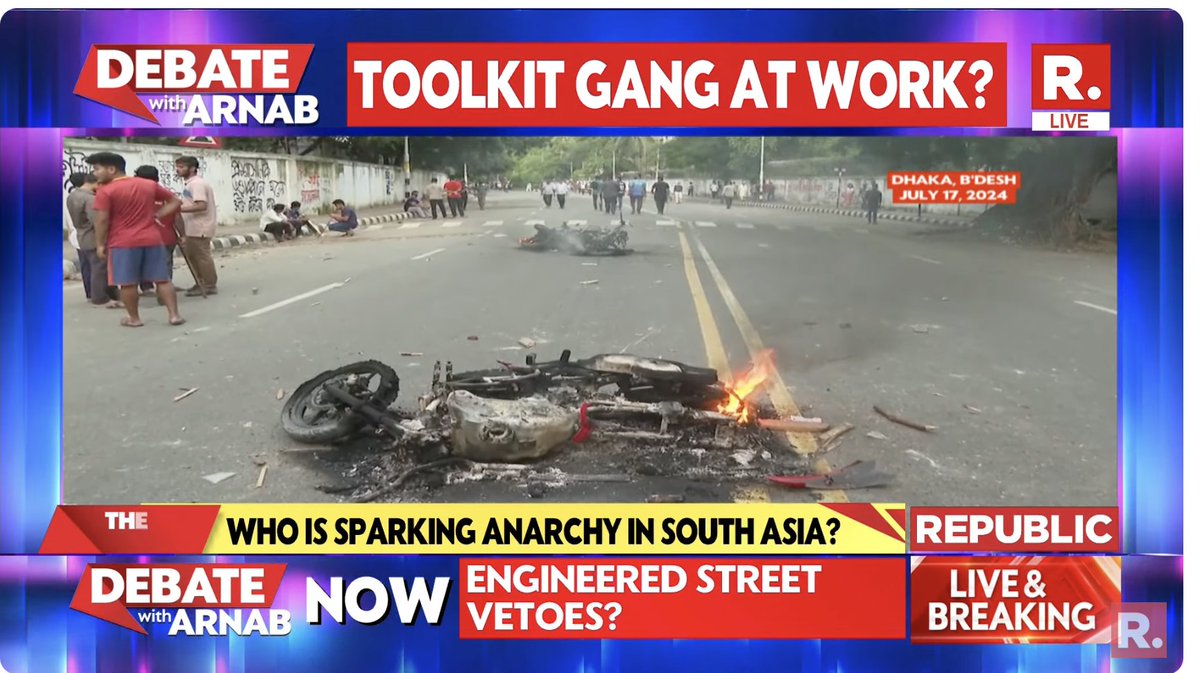 republic's tweet photo. #TheForeignHand behind Bangladesh protests?
Watch The Debate on #SuperprimetimeMax with Arnab and fire in your views - https://t.co/LlVQltLjf8
#StudentProtest #QuotaMovement #Bangladesh #SheikhHasina #QuotaReform #QuotaProtest #Dhaka #Arnab #ArnabGoswami