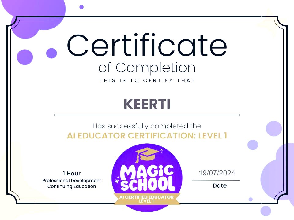 keerti_raikwar's tweet photo. I'm excited to announce that I have completed the @magicschoolai Certification Course Level 1). 
Magicschool is the leading Al Platform for educators - helping teachers lesson plan, differentiate, communicate clearly, and more! https://t.co/Ti3bNIInJv