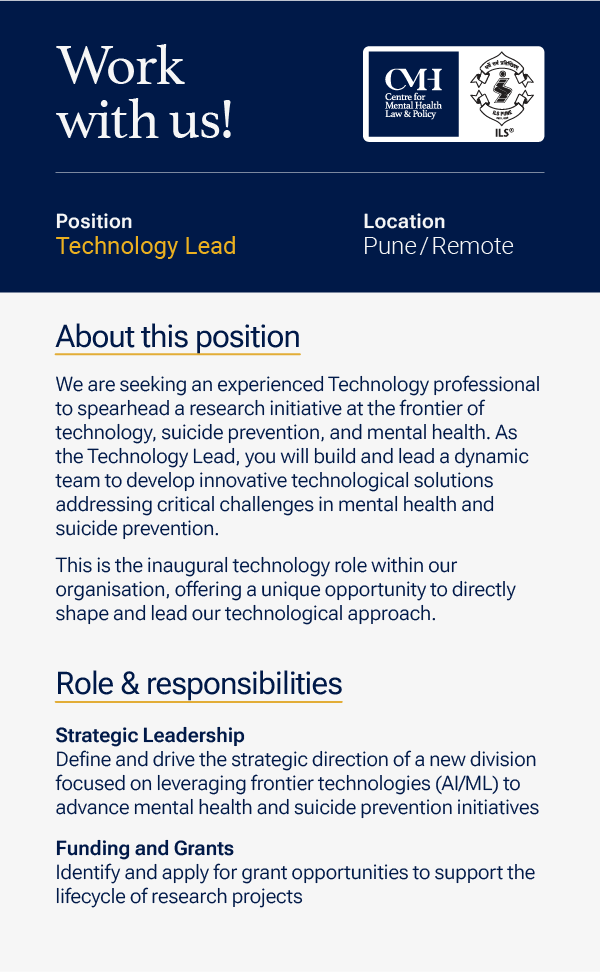 CMHLPIndia's tweet photo. 📢 #TechVacancyAlert
Technology Lead
We are seeking an experienced Technology professional to spearhead a research initiative at the frontier of technology, suicide prevention, and mental health.
Find all details, here⤵️ https://t.co/vfCGf52IYO