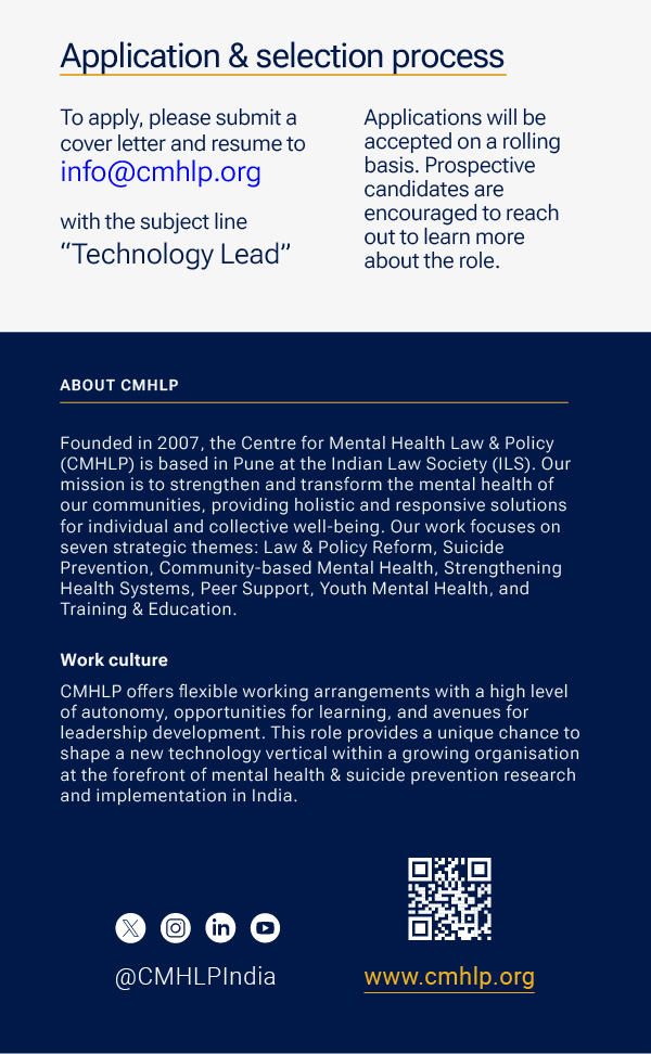 CMHLPIndia's tweet photo. 📢 #TechVacancyAlert
Technology Lead
We are seeking an experienced Technology professional to spearhead a research initiative at the frontier of technology, suicide prevention, and mental health.
Find all details, here⤵️ https://t.co/vfCGf52IYO