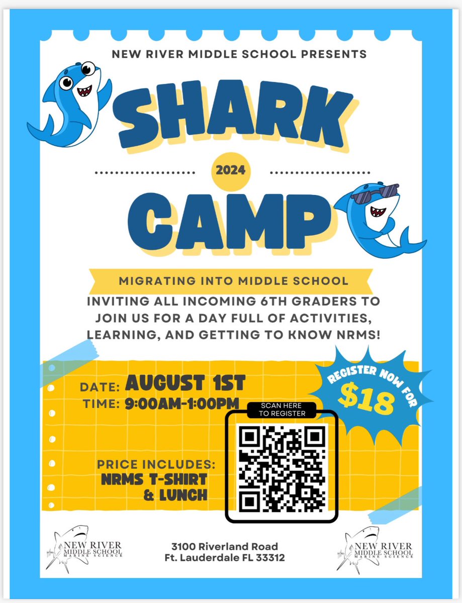 NewRiverMiddle's tweet photo. Welcome Incoming 6th Graders!! Join us for a day of orientation and fun as you learn about your new school! Register with the QR code.  #sharklife #nrmsharks #orientation https://t.co/3fFLFR6Nee