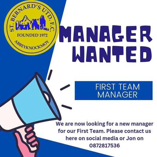 stbernards_utd's tweet photo. First Team Manager Vacancy 
We are excited to announce the vacancy for First Team Manager.
If you are interested in this role please get in touch with us!
@MrDavidConnolly Any interest? https://t.co/nasl5K1oCq
