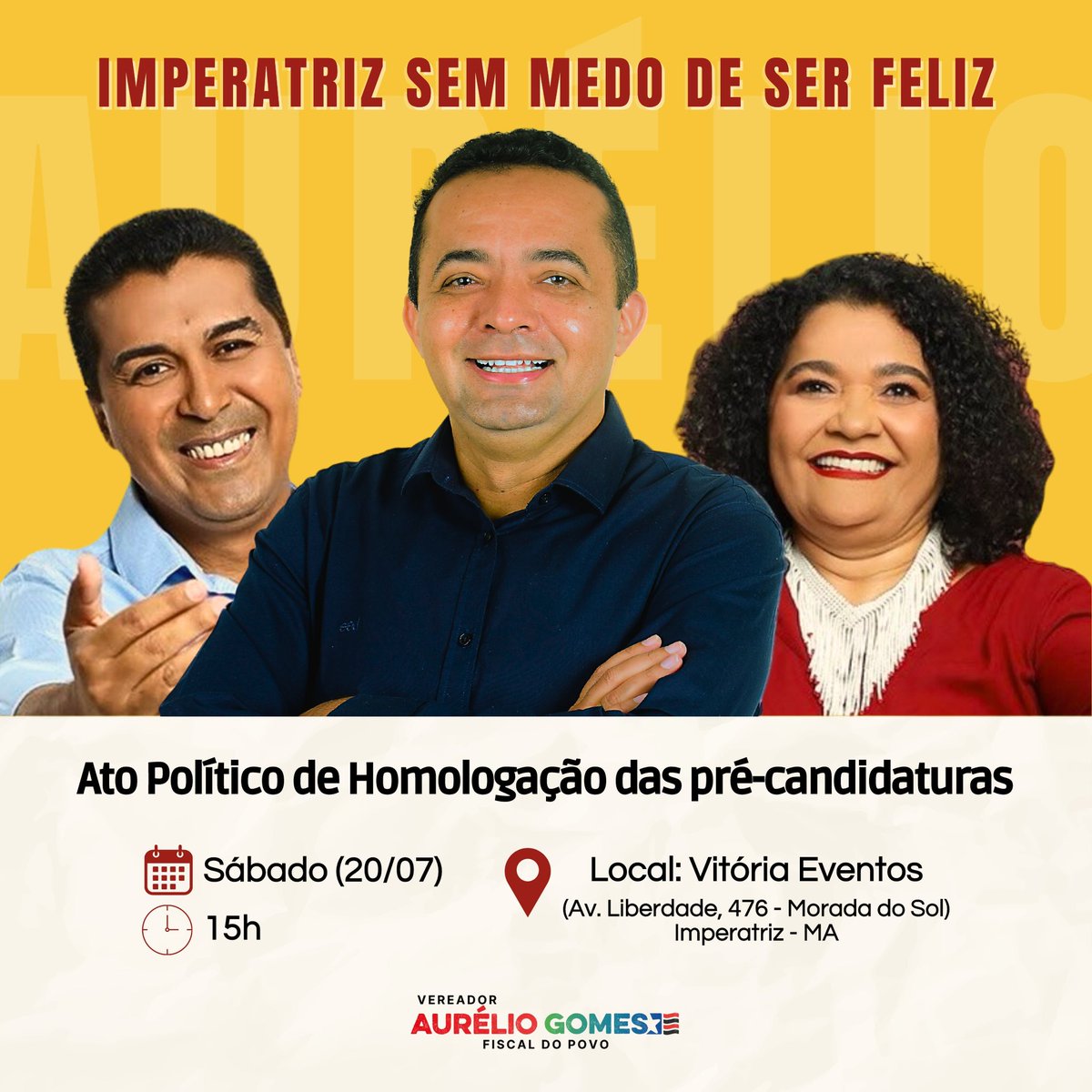 ‼️ Neste sábado, 20 de julho, teremos um importante evento! As pré-candidaturas serão homologadas e nosso vereador Aurélio Gomes terá sua candidatura a vereador confirmada. 🎉

✊🏾 Seguiremos firmes na luta por uma cidade mais justa e transparente. 🗣️🙏🏾