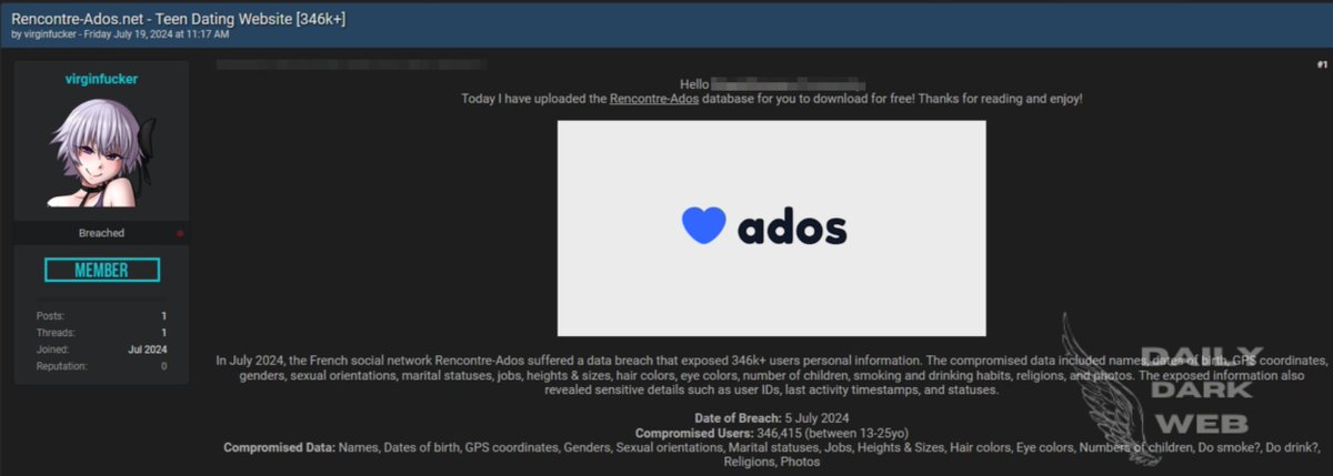 DailyDarkWeb's tweet photo. #France đ«đ· - Threat Actor Claims to Have Leaked Database of Rencontre-Ados
https://t.co/nmPrqiSCN7
#DarkWeb #socialmedia #RencontreAdos https://t.co/NQRL4R0lsy