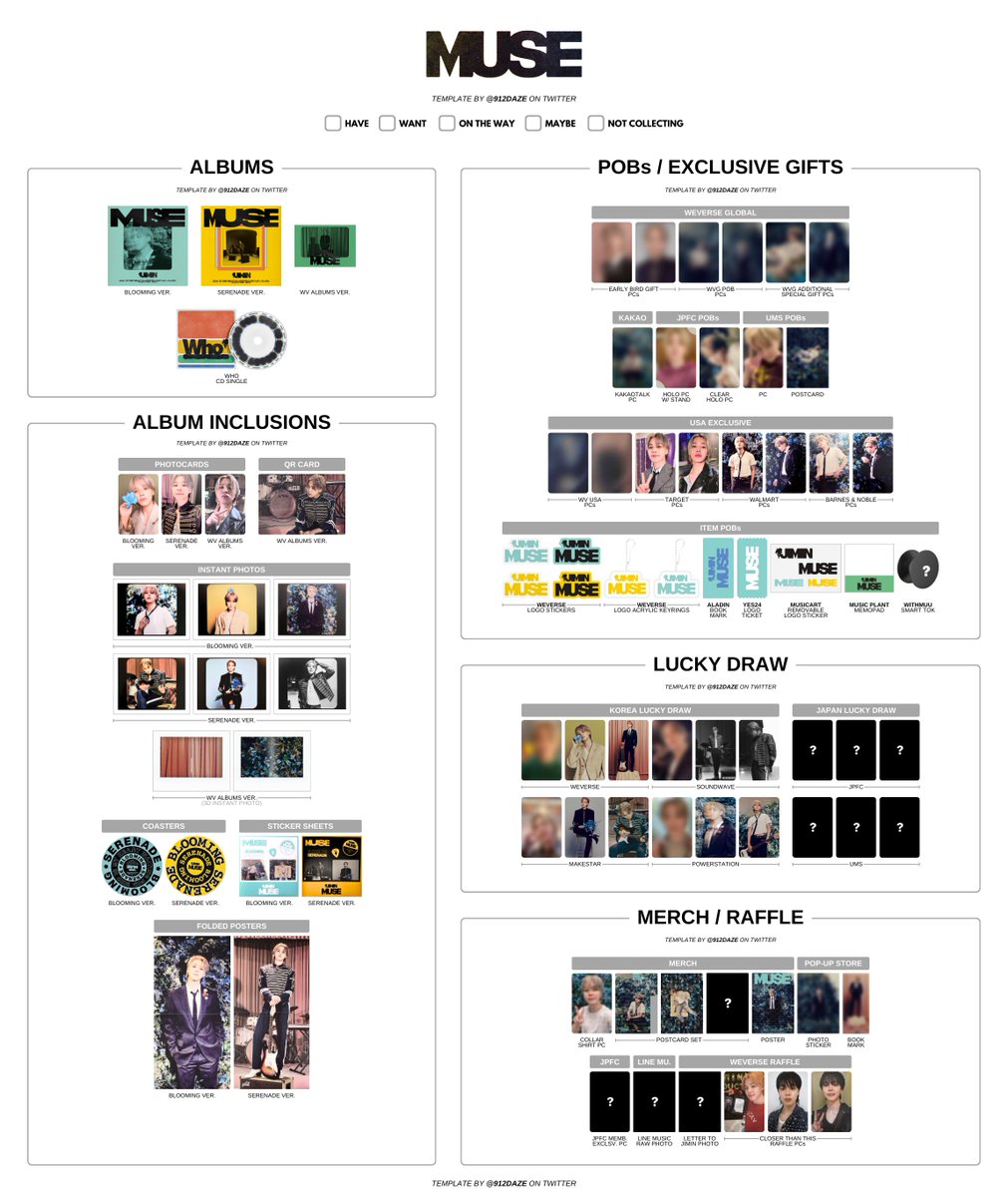 bts jimin ジミン　‘MUSE’ target トレカ　SET BTS JIMIN MUSE PC PHOTOCARD WISHLIST TEMPLATE ✨ ⭐️ MUSE