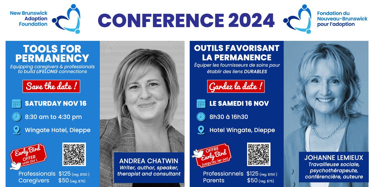 Announcing our 2024 IN PERSON Adoption Conference 
Annonce de notre Conférence 2024 sur l'adoption EN PRESENTIEL  

More | Plus : NBAF-Conference-2024.eventbrite.ca