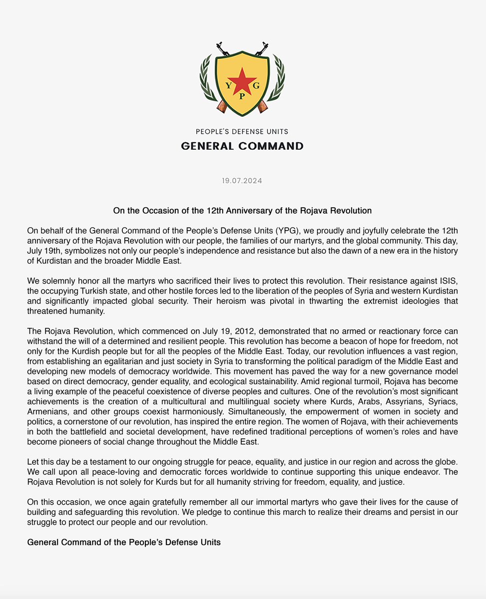 debbiebookchin's tweet image. 🔥 Congratulations to the peoples of Rojava who 12 years ago today showed their indomitable spirit - building a society of gender equality, ecological stewardship &amp;amp; grassroots democracy that is a model for the world! 

This eloquent @YPGinfo statement says it all✌️
#12yearsROJAVA