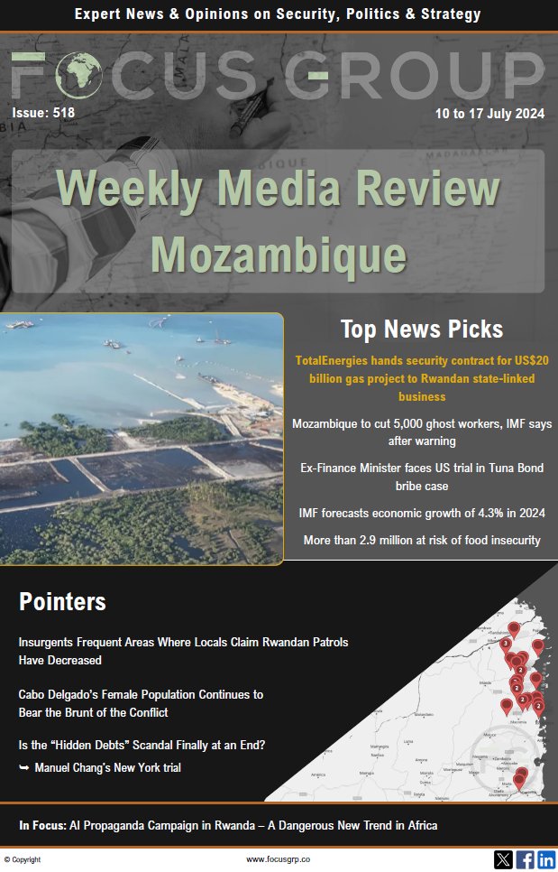 FocusHoldings's tweet photo. In this week’s #Mozambique Weekly Media Review, insurgent activity continues to ramp up in #Rwanda’s theatre of operations after locals claim decreased Rwandan patrols in specific areas.

#insurgency #cabodelgado #security https://t.co/XO13NR0Dqm