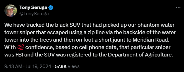 In2ThinAir's tweet photo. 🚨#BREAKING SNIPER Seen using ZIPLINE Off the Water Tower! (Updates)

-IF True THIS is going to blow the entire Trump Butler Rally Shooting completely open!

-A SNIPER was seen on the tower and used a ZIP-LINE to escape back into the trees where an SUV registered to the Department of Agriculture.

-We have been telling EVERYONE about this water Tower since second 1!
#WaterTower #ButlerFarms #Trump