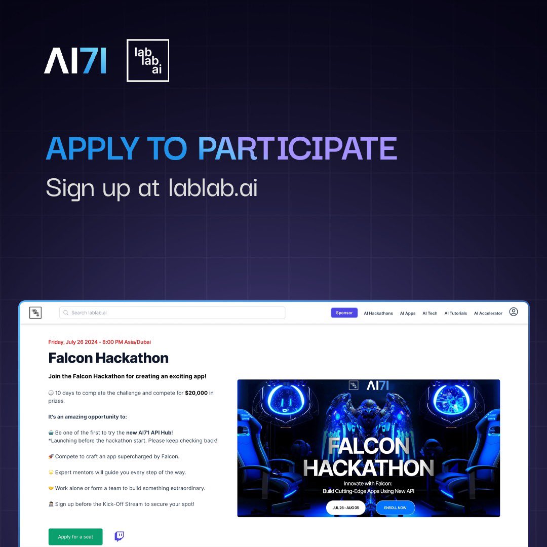 ai71official's tweet image. Ready to make your mark in the Falcon Hackathon? Follow these simple steps to get started.
@lablabai
#AI71 #FalconHackathon #APIHub