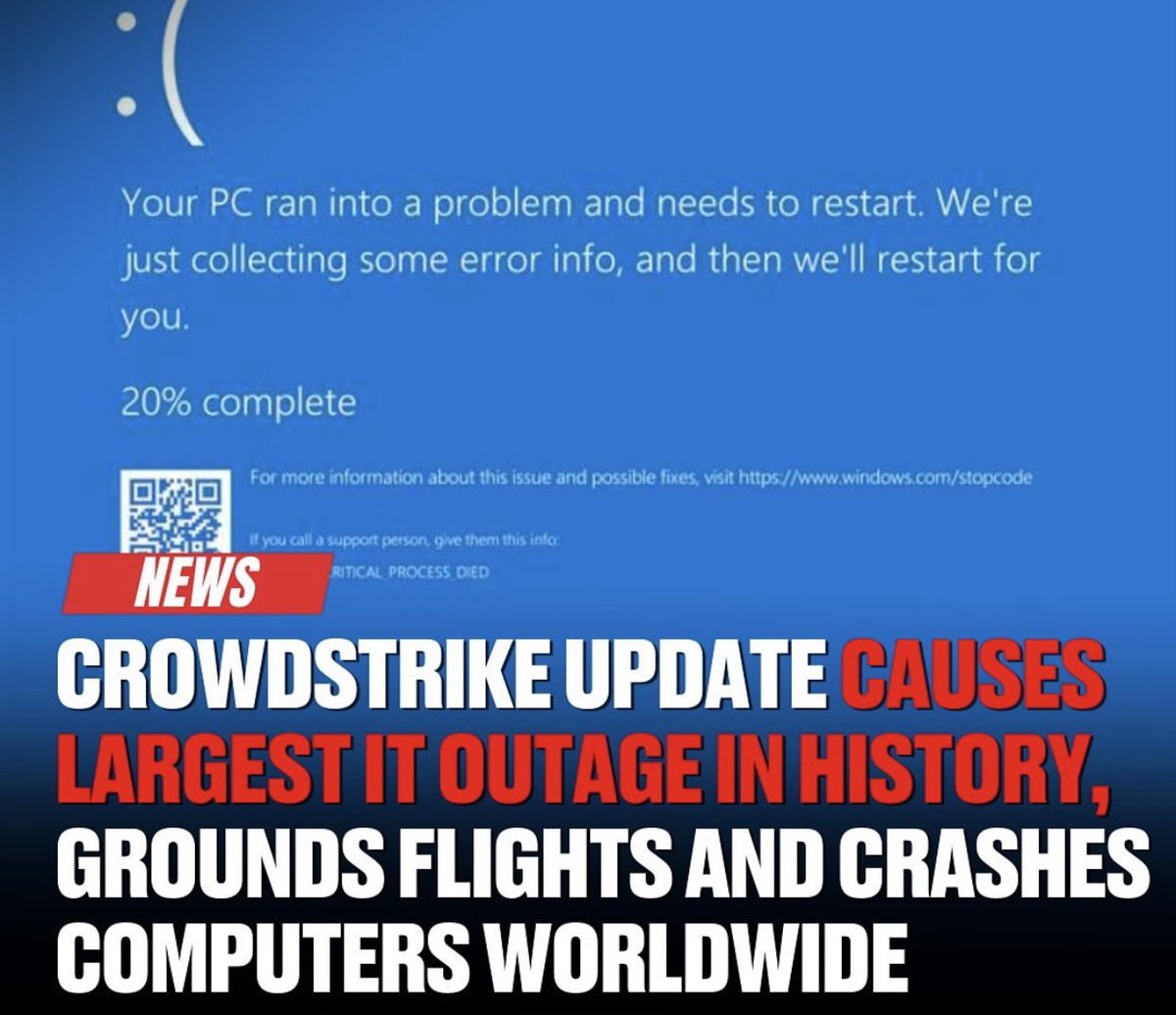 kalra___sahil's tweet photo. CrowdStrike caused a global tech outage on Friday, disrupting operations in airports, banks, and stock exchanges and crippling computer systems for millions of Microsoft Windows users in what is being called the largest IT outage. https://t.co/eubg5mWgUg