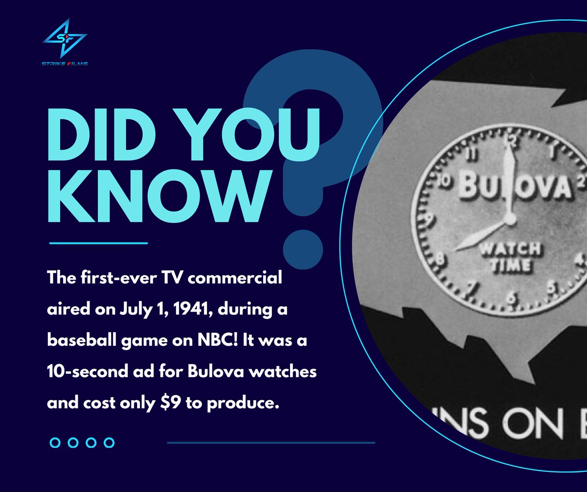 StrikeFilmsM's tweet photo. "A TV ad in 1941 cost just $9"! 🤯 #MarketingTrivia #FridayMotivation #FunFact #AdvertisingHistory #MarketingTips #Branding #StrikeFilms #advertisingagency #adagency #generalknowledge #instalike #instagramcommunity #advertisingandmarketing #foryoupage #explorepage #Crowdstrike https://t.co/9fi5kcD23F
