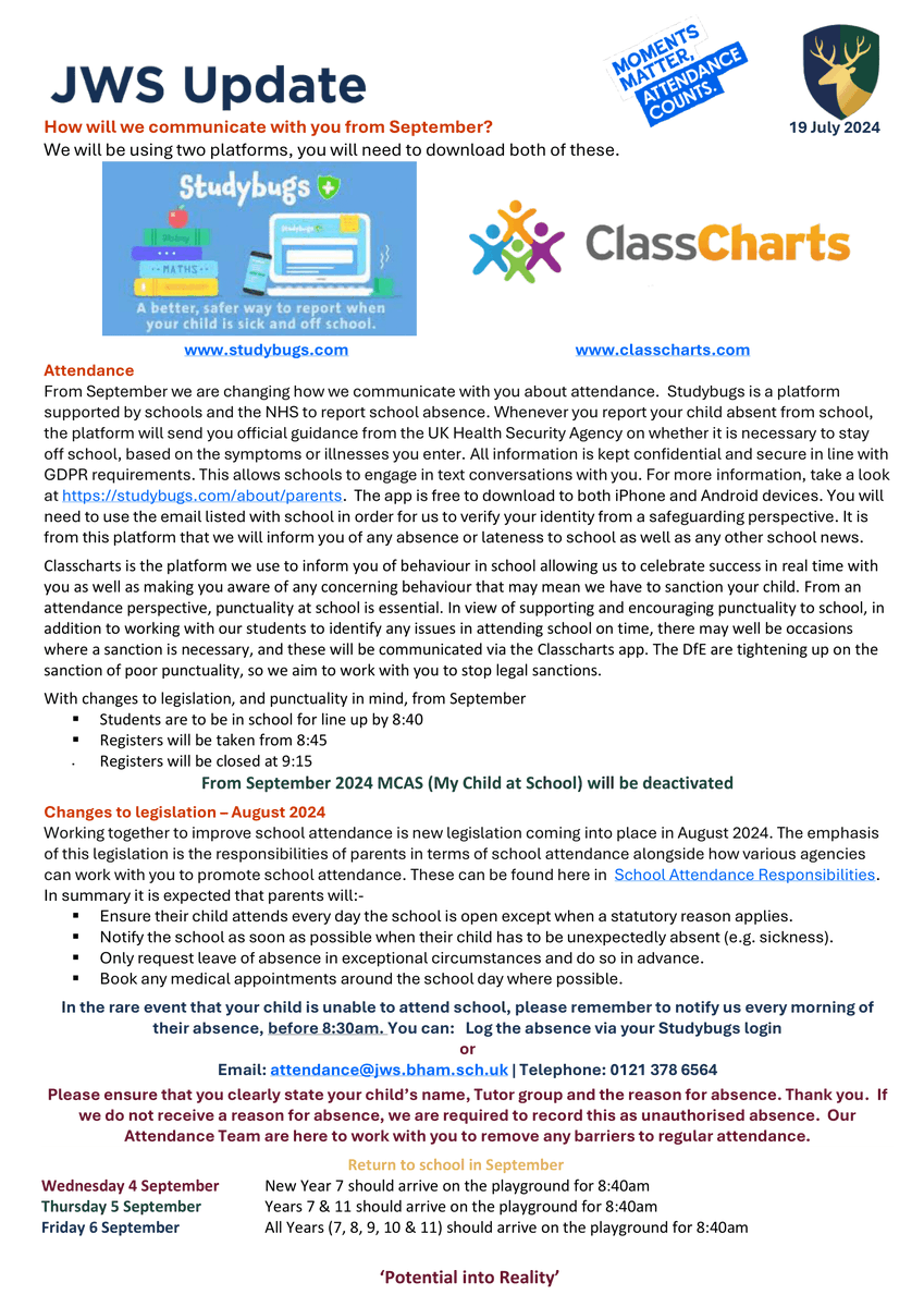 TRSSchool's tweet photo. JWS Update - Attendance edition #potentialintoreality #attendance #september2024 #studybugs #classcharts #newlegislation @ATLPCEO https://t.co/8ggCYHpx61