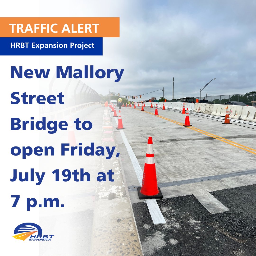 HrbtExpansion's tweet photo. HRBT makes moves on Mallory Street!

To accommodate the widening of I-64 below, all traffic on Mallory Street Bridge will shift to the new bridge in Hampton beginning at 7 p.m. on Friday, July 19, 2024.

Visit https://t.co/oRWbiXclNG for more details on the new traffic pattern. https://t.co/nQP9z5FPyx