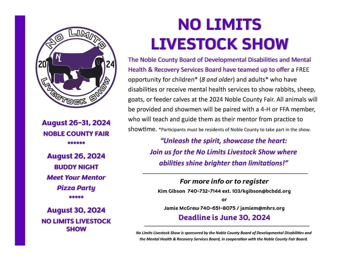 NobleLocal_SD's tweet photo. The deadline for the No Limits Livestock Show sponsored by the Noble County Board of Developmental Disabilities and Mental Health &amp; Recovery Services has been extended to August 1st.
#nobleimpact 🟢🟣 https://t.co/yDQBbN7kkM