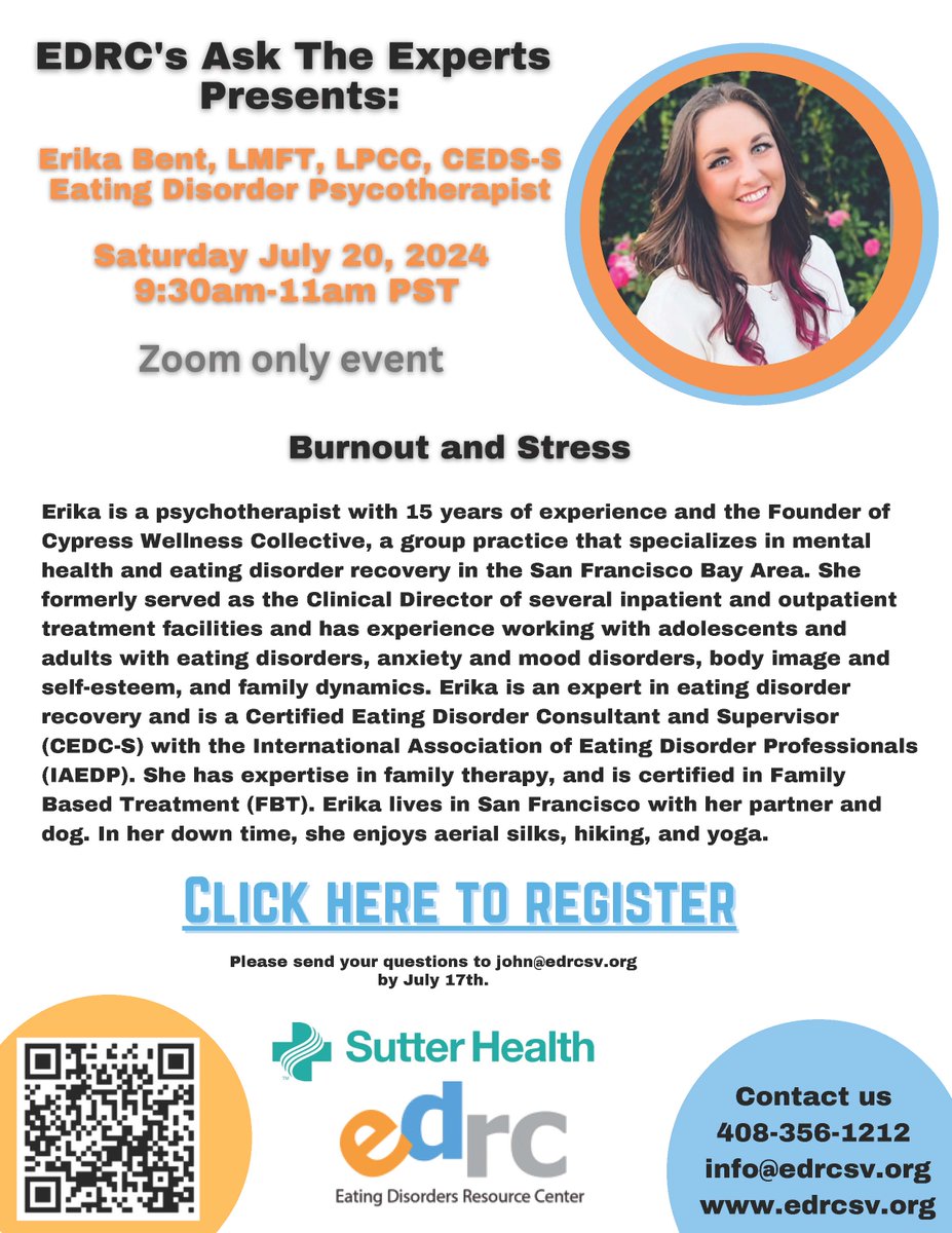 Join us tomorrow, Saturday July 20, for a special appearance by eating disorder psychotherapist Erika Bent at our support group for Parents, Family and Friends of those with eating disorders.

Register here: us02web.zoom.us/meeting/regist……
#ed #edrecovery #eatingdisordersupport