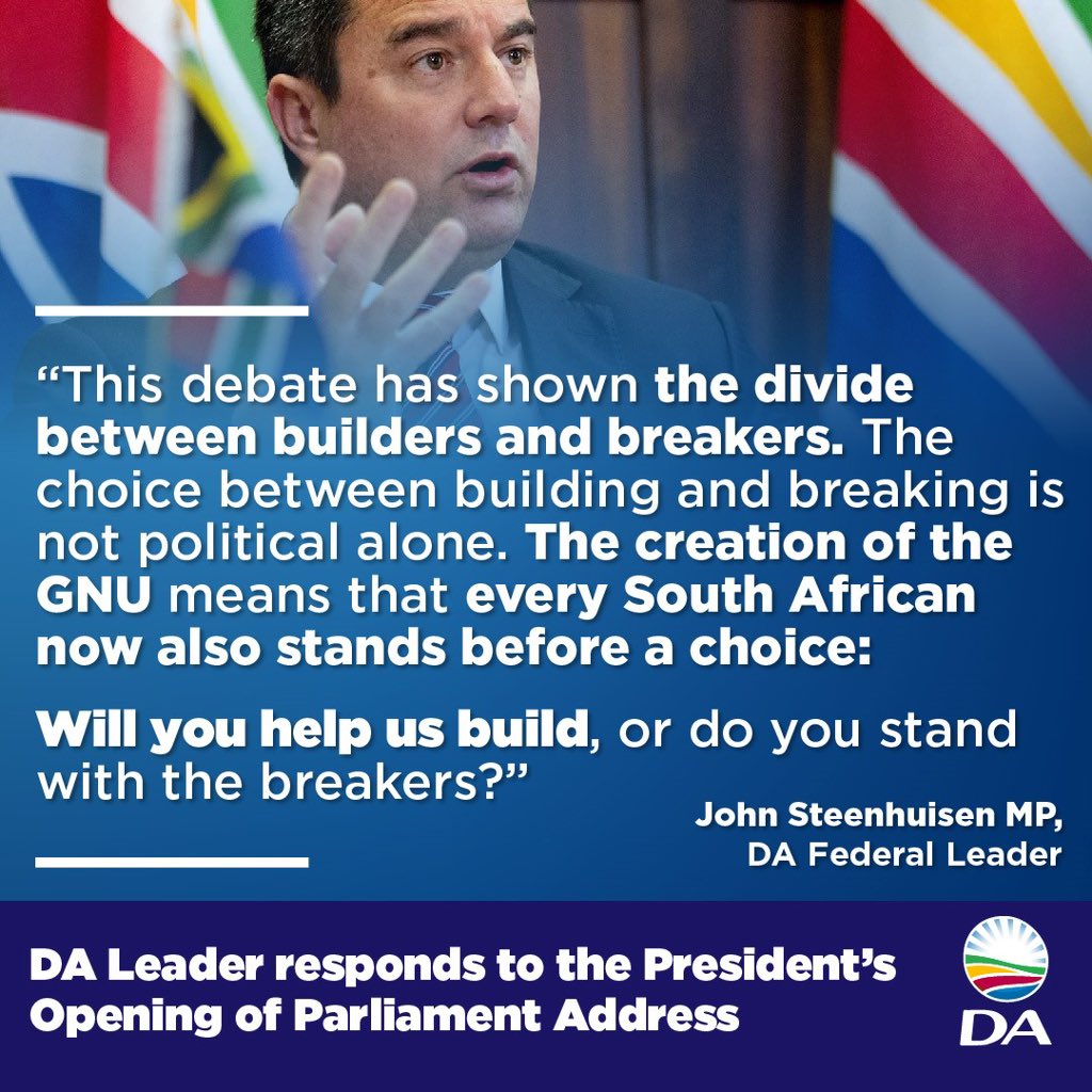 🇿🇦The DA is proud to answer the call to serve SA. Our policies and pledges are already landing in the GNU for economic growth, job creation, and rescuing South Africa.

📲 Full speech link: youtu.be/uA1cRnDqTEU