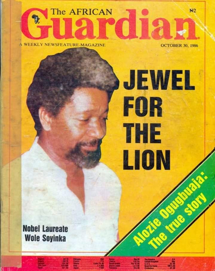 ASIRIMagazine's tweet photo. The African Guardian, October 30,1986. 'Jewel for the Lion' Celebrating the Wole Soyinka Legacy. #WS90 https://t.co/INRXFytrpA