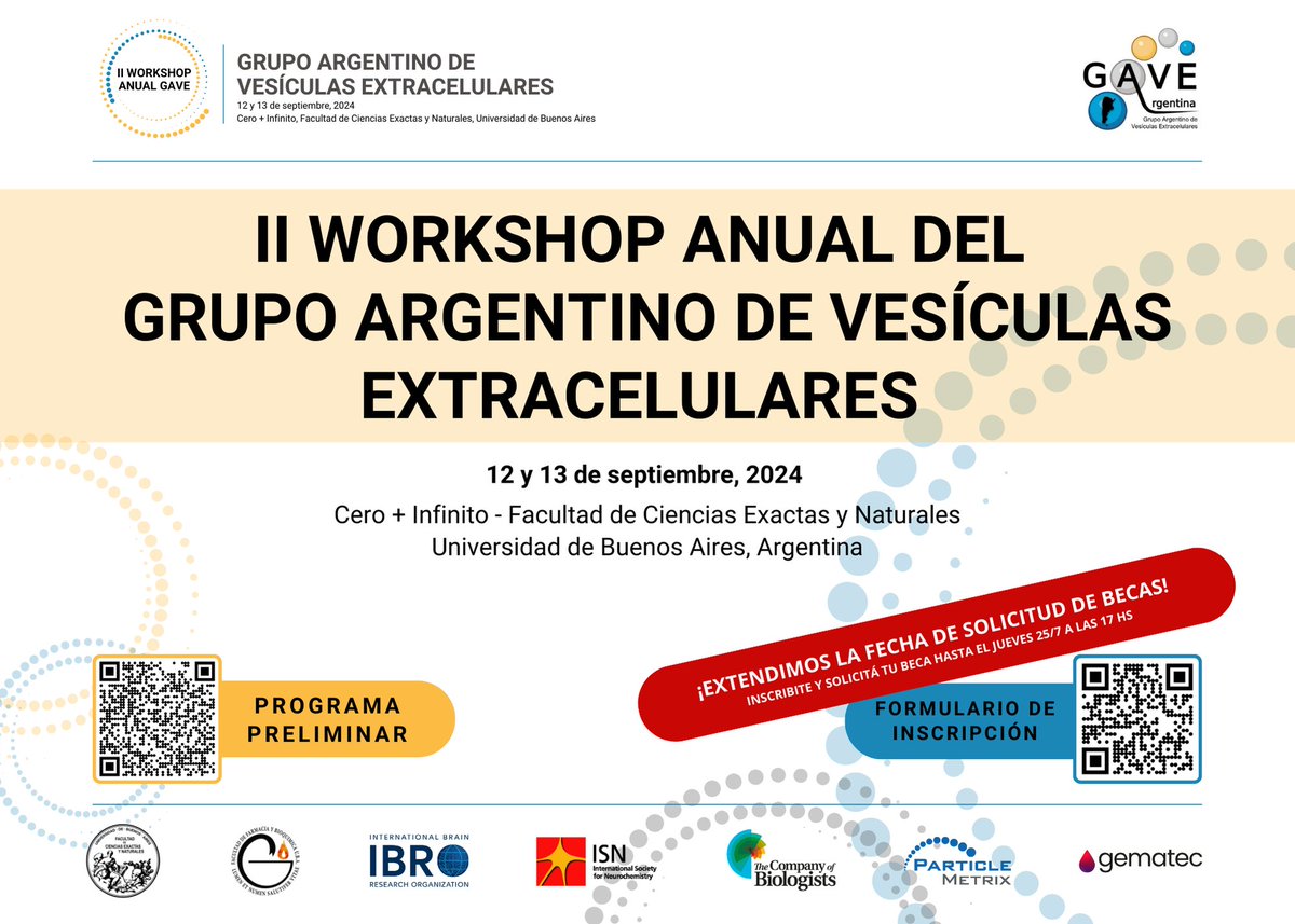 ¿Estudiás las vesículas extracelulares, los exosomas y todas las nanopartículas?
Vení a conocer a los grupos de 🇦🇷 que estudian las VEs en el II Workshop del GAVE.
12 y 13 de sept. en Buenos Aires. 
Sumate!