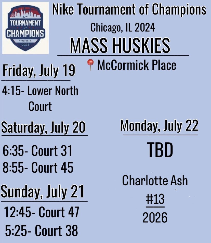 Charlotte Ash (@_charlotte_ash) on Twitter photo Here's my teams schedule for Nike Tournament of Champions in Chicago this week! <a href="/MAHuskies/">MA_Huskies</a> <a href="/ElzeyJames1/">Elzey James</a> <a href="/LexGirlsbball/">LexGirlsbball</a> <a href="/BashHoopsNE/">Bash Hudson</a> Here's my teams schedule for Nike Tournament of Champions in Chicago this week! <a href="/MAHuskies/">MA_Huskies</a> <a href="/ElzeyJames1/">Elzey James</a> <a href="/LexGirlsbball/">LexGirlsbball</a> <a href="/BashHoopsNE/">Bash Hudson</a>
