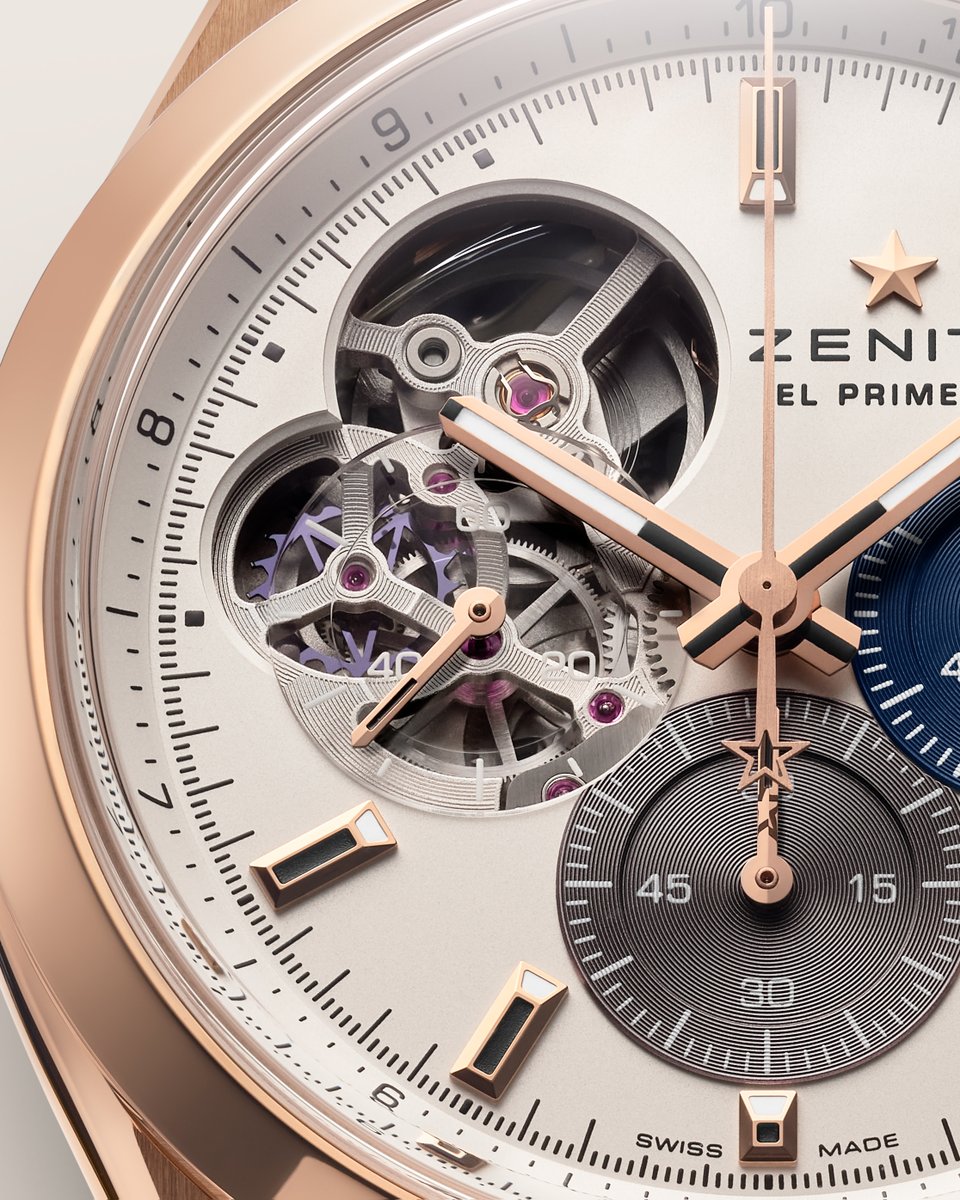 ZenithWatches's tweet photo. #ChronomasterOpen: Showcasing the heart of precision. The pioneering #ElPrimero 1/10th of a second #chronograph calibre stands out in the unprecedented open dial design of the #ZenithWatches Chronomaster Open, crafted here in a sleek 18K rose gold case & white dial. https://t.co/sC2NNk40nC