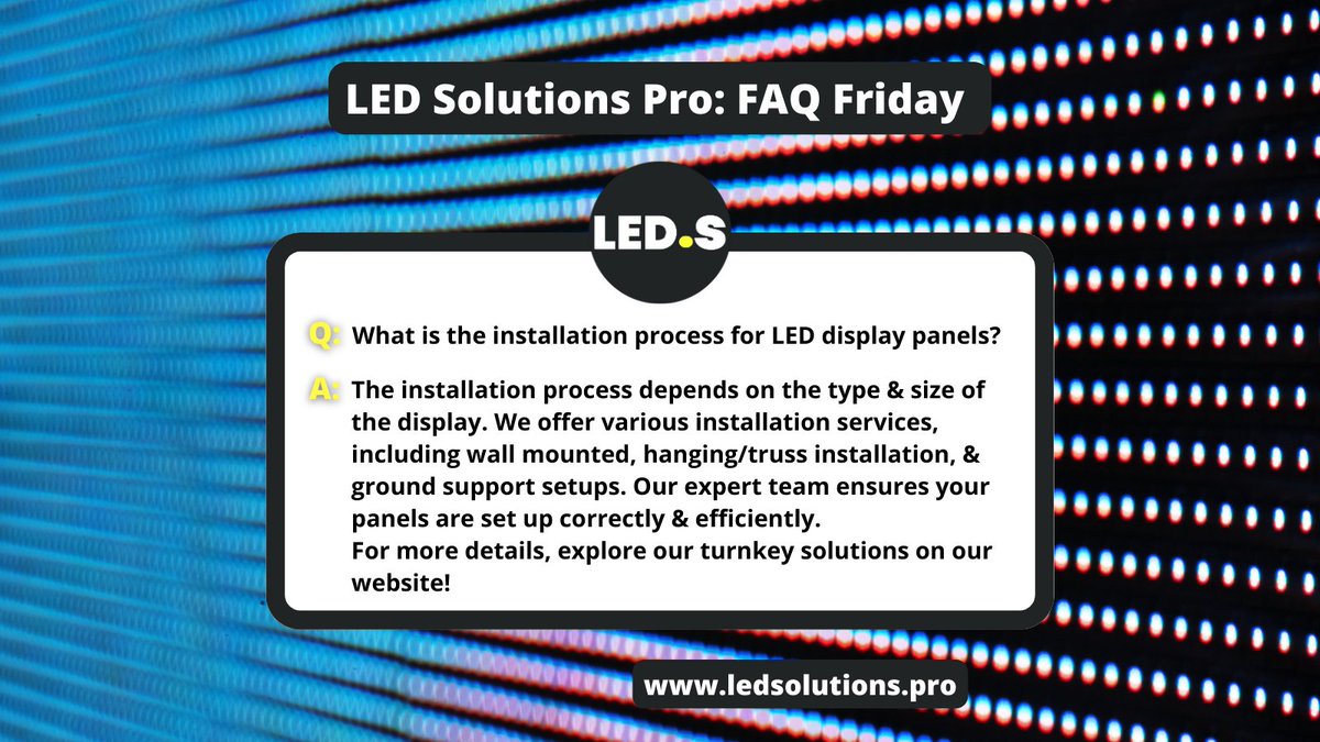 LEDSolutionsPro's tweet image. Got questions about how we install our LED panels? From wall mounts to trusses, we’ve got you covered! Our pros make setup a breeze ✨ Check out our turnkey solutions on our website! 🔧
📲: +1(225) 366-8259
📩: hello@ledsolutions.pro
#led #leddisplay #ledwall #ledfaq #ledfacts