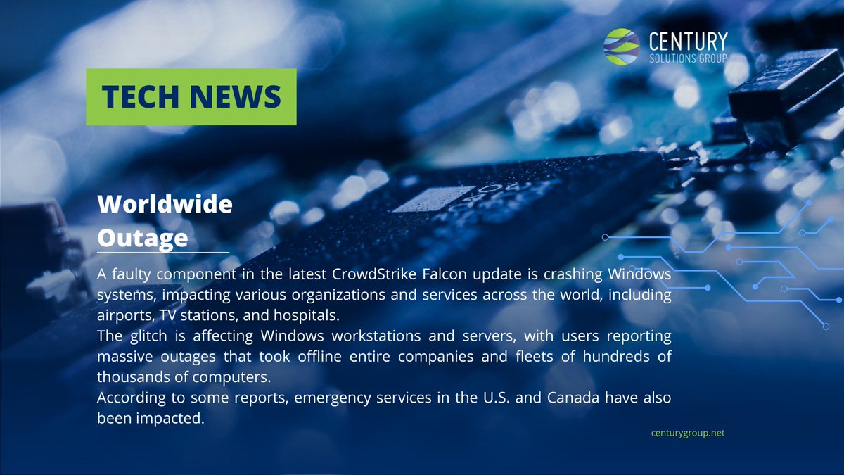 CenturyGroupIT's tweet image. 🚨⚠️ IT PSA: Looks like Crowdstrike&apos;s latest update gave Windows the blues—screen, that is! 💻💙 Don&apos;t worry, we&apos;ll reboot your spirits! 😂🔧 #TechWoes #ITLife #WindowsFails