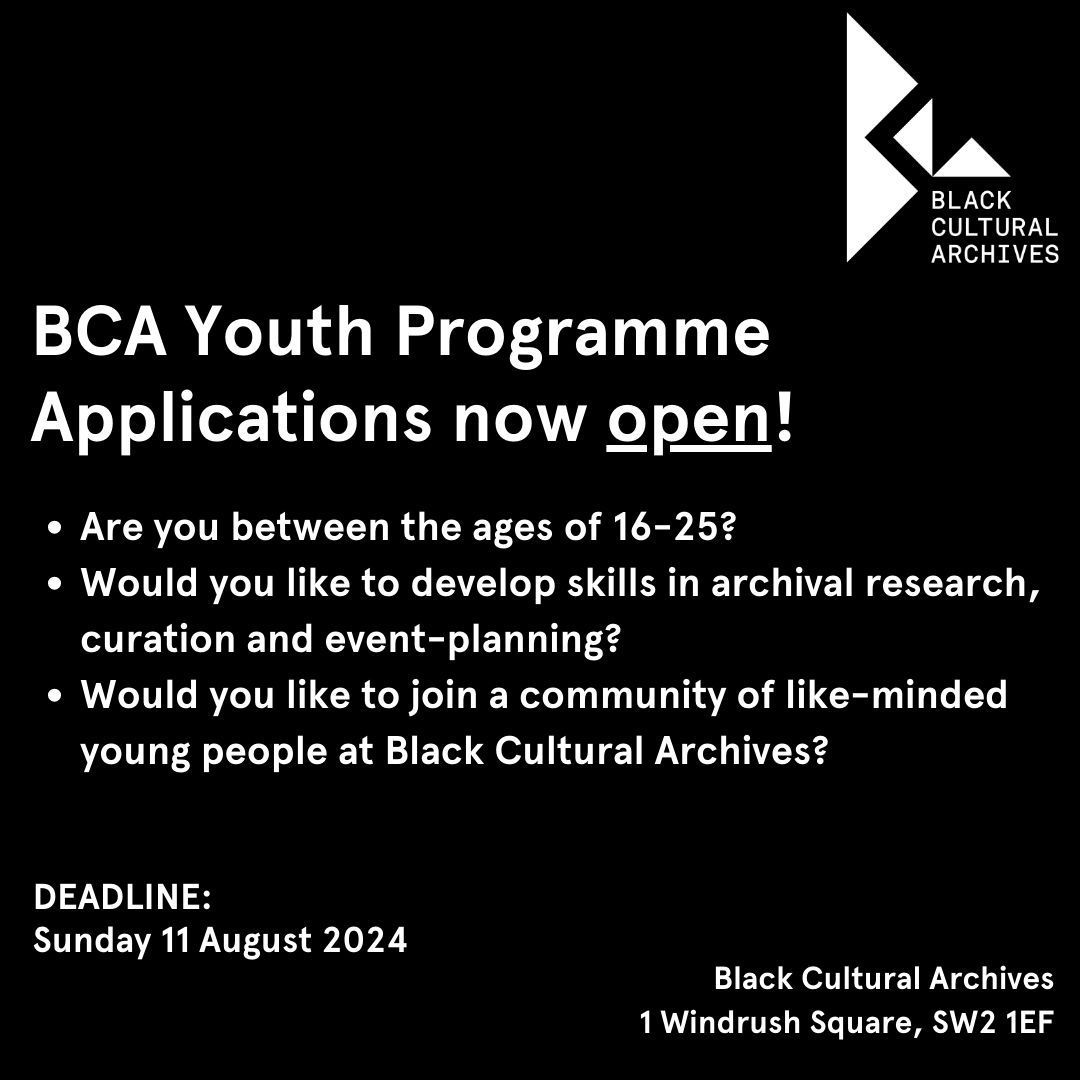 Applications are now open for BCA's Youth Programme! Join a community of like-minded young people for fortnightly meetings at the home of Black British history, &amp; develop transferrable skills for a career in the arts &amp; heritage sector. 

Info &amp; application buff.ly/3CZVGd4
