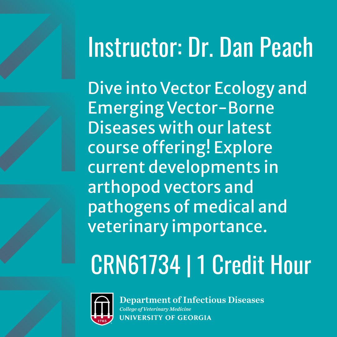 New course alert! 🚨 🦟 

Undergrad students, looking for a last-minute class to add to your fall schedule? Sign up for our new Special Topics in Vector Ecology and Infectious Diseases class, taught by Dr. Dan Peach! <a href="/ceid_uga/">CEID</a> 

Register today in Athena!
#UGAVetMed #VetDawgs