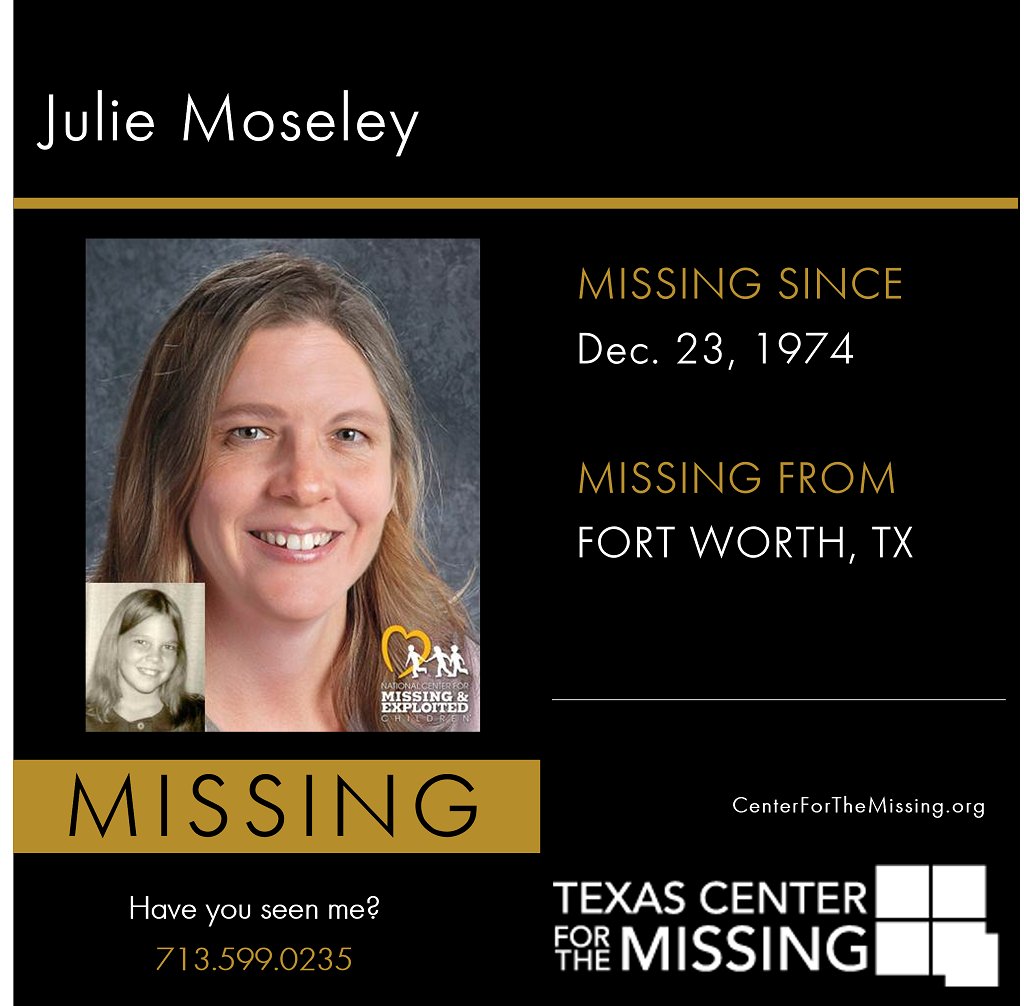 TXCenter's tweet photo. Have you seen Julie?  Missing since: Dec. 23, 1974 and Last Seen:  Fort Worth, TX.  Let’s #BringHerHome! #JulieMoseley #BringMeHome #BringThemHome  @CrimeStoppersOfHouston @HARFans  https://t.co/BJIXF6eU1L https://t.co/Aj9vtzcpaT