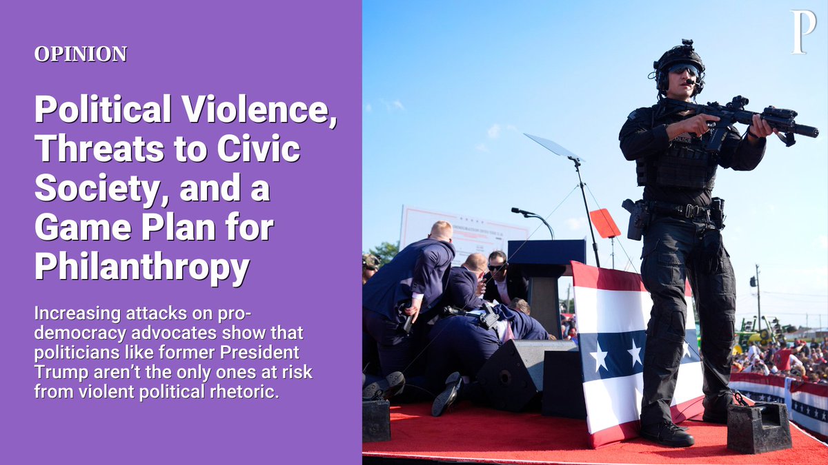 The Chronicle of Philanthropy (@philanthropy) on Twitter photo Opinion: Political violence, threats to civic society, and a gameplan for philanthropy. Increasing attacks on pro-democracy advocates show why politicians like former President Trump arenāt the only ones at risk. <a href="/joegoldman/">Joe Goldman</a> <a href="/DemocracyFund/">Democracy Fund</a>
bit.ly/3SdJ5er Opinion: Political violence, threats to civic society, and a gameplan for philanthropy. Increasing attacks on pro-democracy advocates show why politicians like former President Trump arenāt the only ones at risk. <a href="/joegoldman/">Joe Goldman</a> <a href="/DemocracyFund/">Democracy Fund</a>
bit.ly/3SdJ5er