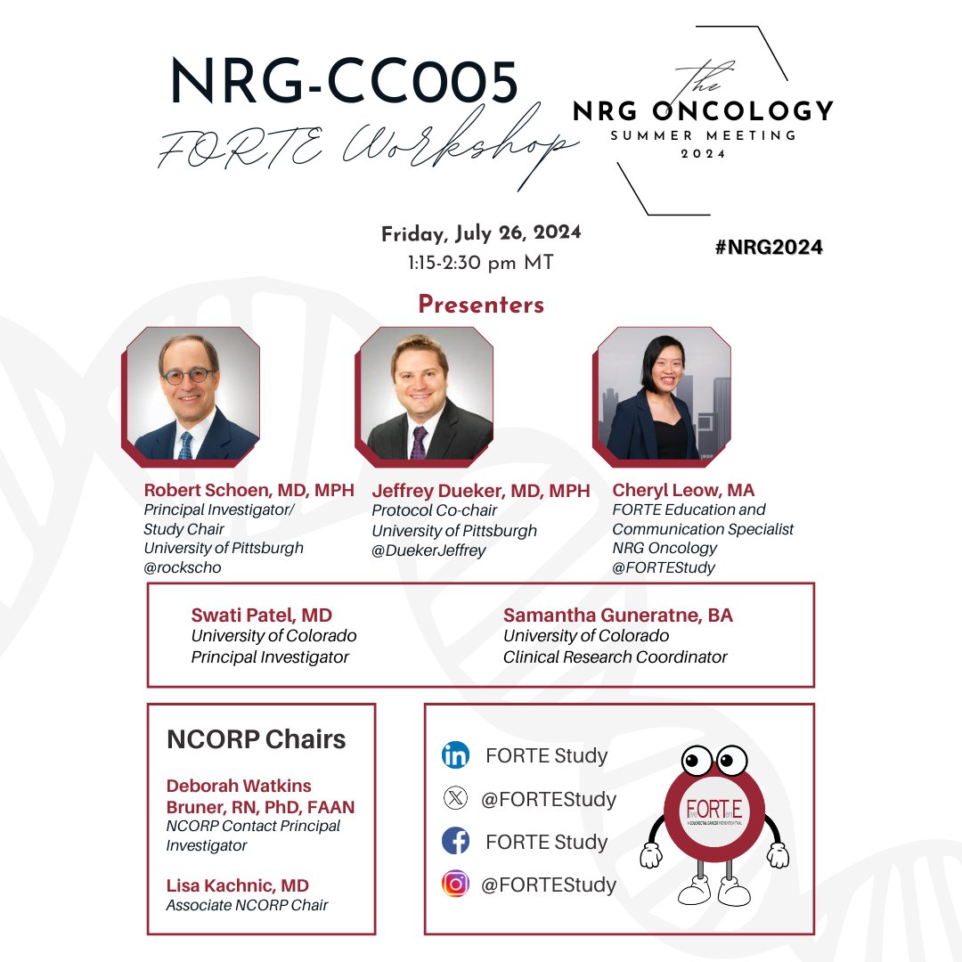 NRGonc's tweet photo. Coming up at #NRG2024 next week in Denver. Join the #FORTEStudy team and guest speakers from @CUAnschutz
to learn about the FORTE Study, a colorectal cancer prevention clinical trial. @rockscho @DuekerJeffrey @DeborahWBruner1 @lisakachnic1
Details in the flyer ⬇️ https://t.co/XKcZdKR7tg