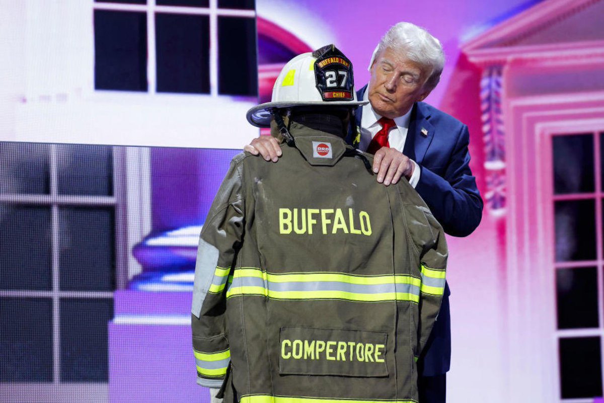 IBrewCoffee's tweet photo. Fire turnout gear usually shows signs of wear, smoke immersion, water stains. Helmets are almost always equally worn and tarnished. It’s a mark of pride for gear to show signs of “battle” with fires. This set with misspelled name looks to have never been worn. #RNCConvention #RNC https://t.co/O0mta9bptV