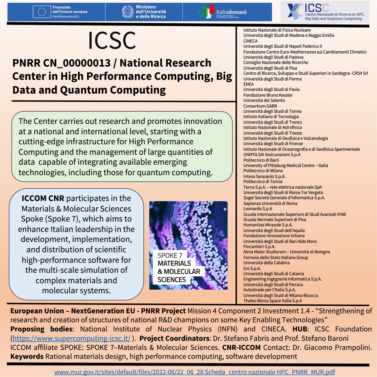 CNRICCOM_Social's tweet photo. Follow our commitment in Next Generation EU- Italian National Recovery and Resilience Plan - #PNRR! (2/3) Here we show details of #ICSC (High performance computing), #MOST (Sustainable Mobility), and #RNAGeneTherapy (Gene Therapy and Drugs with RNA technology) projects. https://t.co/LMvapDQYnF