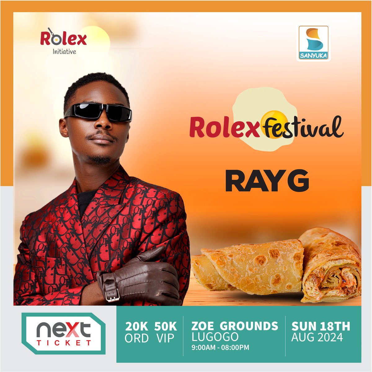 RolexFestival's tweet photo. The biggest male artiste of the year Ray G is joining the hottest food event in the country this August 18th at Zoe Grounds Lugogo #RolexFestival24 https://t.co/H3KPnRTOlv