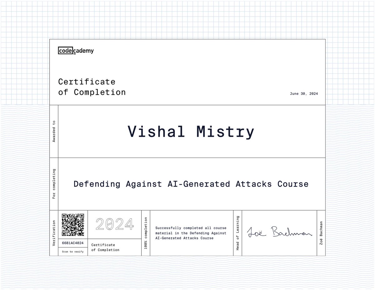Vishal Mistry (@mysteryvishal) on Twitter photo Found this course by <a href="/Codecademy/">Codecademy</a> on defending against AI-generated attacks, which opened my eyes to enhanced forms of cyber attacks and the misuse of generative AI technology Found this course by <a href="/Codecademy/">Codecademy</a> on defending against AI-generated attacks, which opened my eyes to enhanced forms of cyber attacks and the misuse of generative AI technology