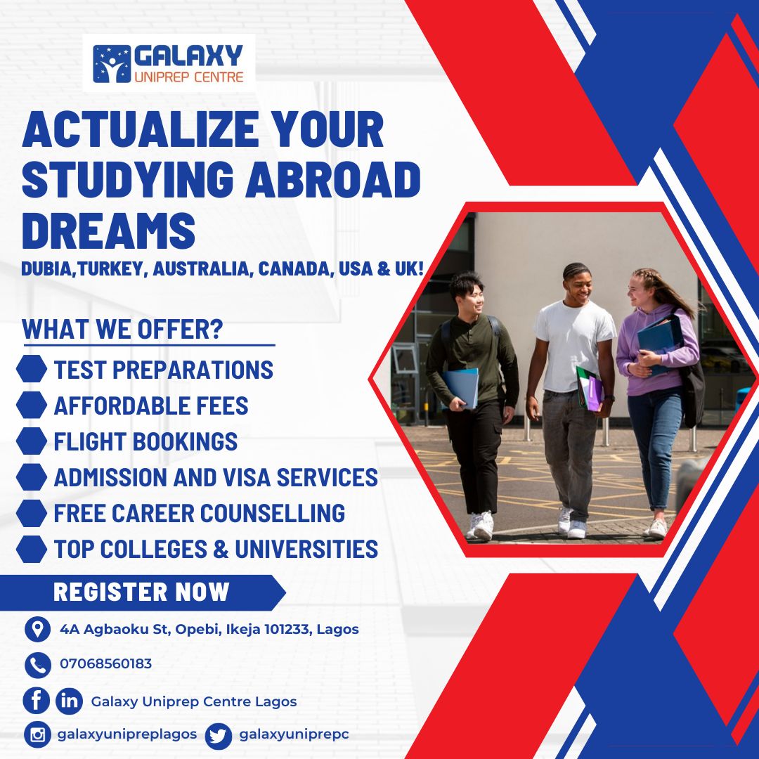 UniprepGalaxy's tweet photo. ACTUALIZE YOUR STUDYING ABROAD DREAMS
DUBIA, TURKEY, AUSTRALIA, CANADA,USA, &amp; UK!
REGISTER NOW
CALL: 07068560183
WHAT WE OFFER? 
- SCHOLARSHIP &amp; DISCOUNT OPPORTUNITIES
- AFFORDABLE FEES
- FLIGHT BOOKINGS
- ADMISSION AND VISA SERVICES
- FREE CAREER COUNSELLING
#galaxyunipreplagos https://t.co/ZkaCMJSDED