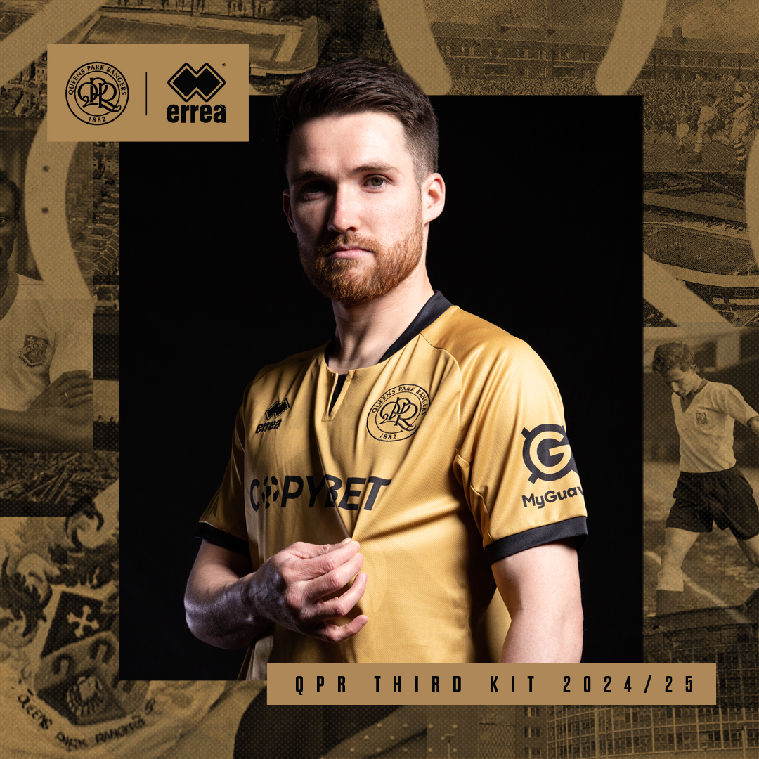 QPR's tweet photo. Going for 𝗚𝗢𝗟𝗗 🥇

Our 2024/25 third kit 🤩

Available now online and in store 🛍

@ErreaOfficial x @CopyBetUK_IRE