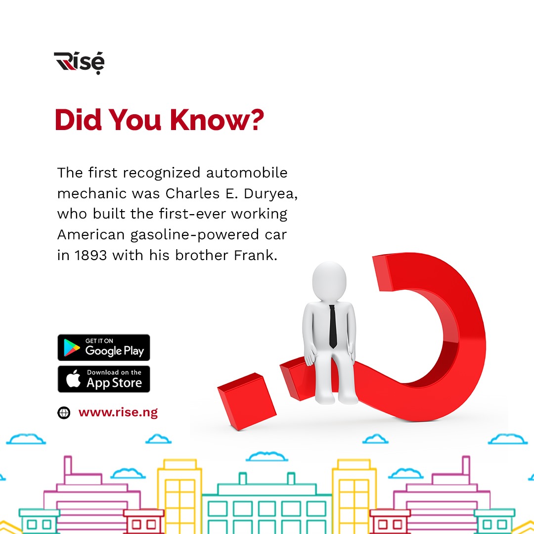 riseapp_ng's tweet photo. Did you know the first American gasoline-powered car was built by a mechanic? Charles E. Duryea and his brother were the masterminds behind this innovation in 1893. #funfactoftheday #mechanics #carevolution https://t.co/FZeo58QUd7