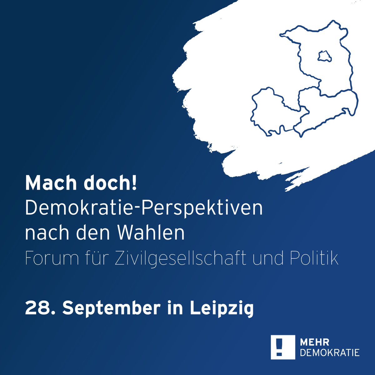 Das #Wahljahr2024 hat Viele in Bewegung versetzt, um die Demo­kratie zu stärken. Wie geht es nach den Wahlen in Brandenburg, Thüringen &amp; Sachsen weiter? Was kann die Demokratie-Bewegung tun? Darüber reden wir: Mach doch! Demokratie-Perspektiven nach den Wahlen, 28.9. in Leipzig.