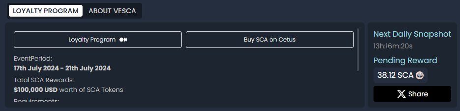 hung27101971's tweet photo. 🐚Just claimed 38.12 $SCA from @Scallop_io 's Loyalty Program! Stake SCA for veSCA to be eligible for daily SCA rewards from 17th July to 21th July!📷 https://t.co/12lETsNDuf
